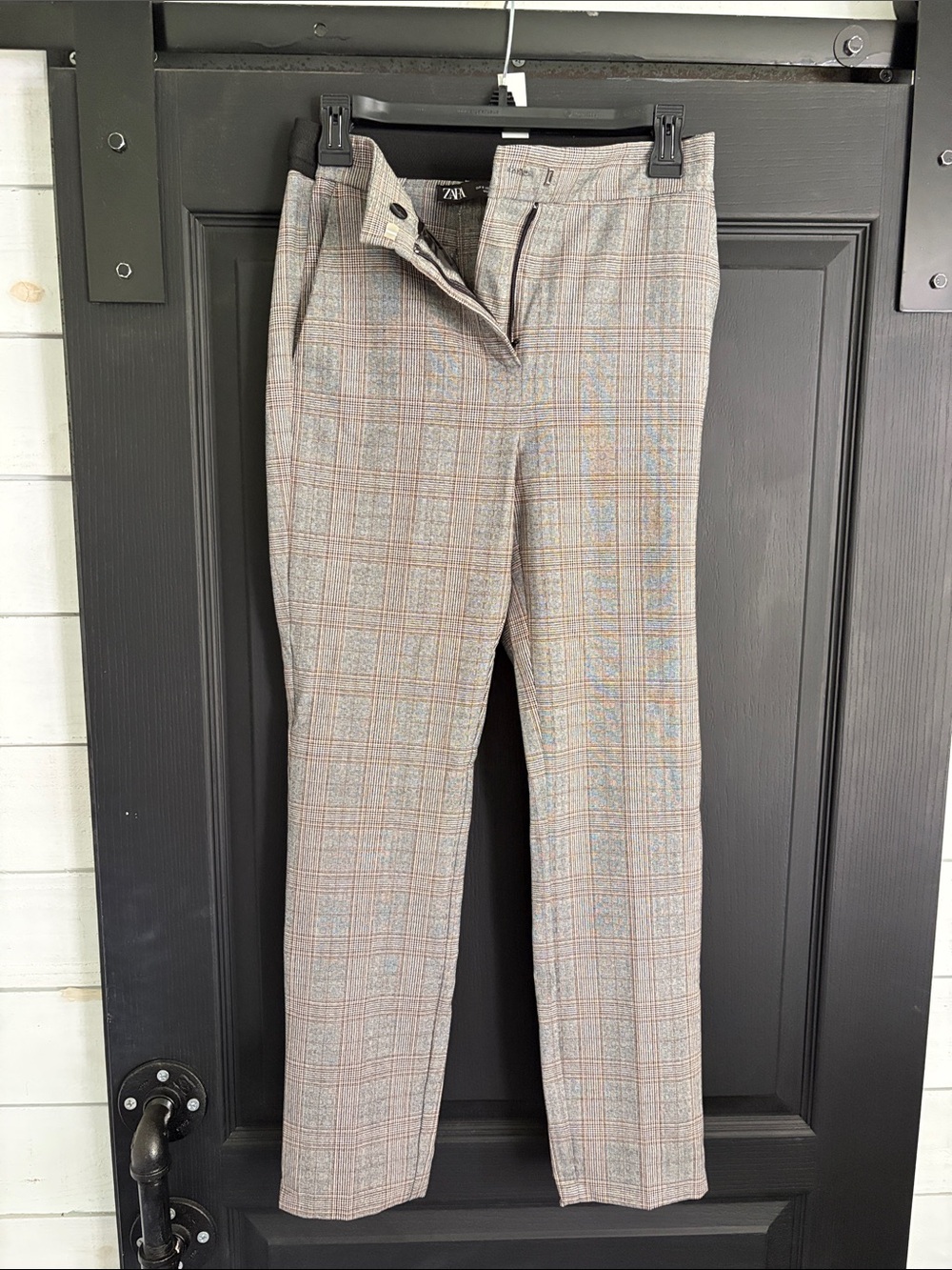 Zara Gray Plaid Tailored Trousers with Subtle Tan and Blue Lines